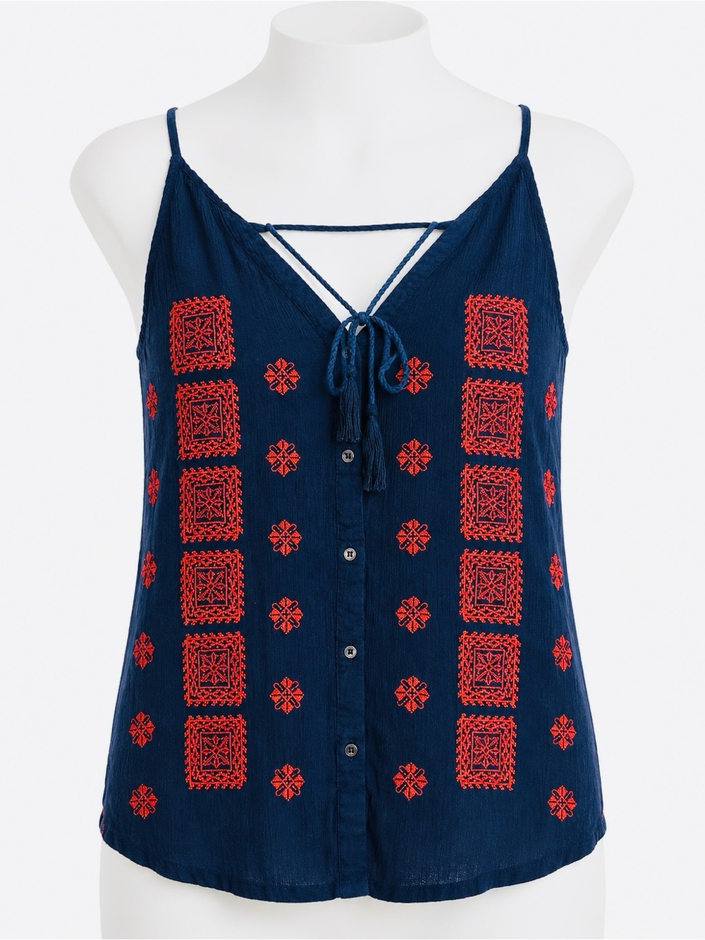 Solitaire Navy Camisole with Red Embroidery Hobo Tassel Tank Top Small ❤️💙❤️